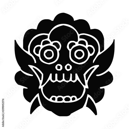 Photography Stylized black and white barong mask illustration featuring ornate traditional b