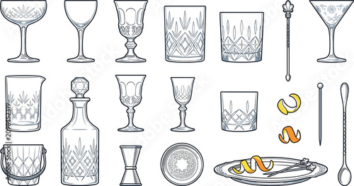 Bild auf Leinwand Crystal Cut Glassware and Vintage Barware Vector Set Featuring Crystal Decanter