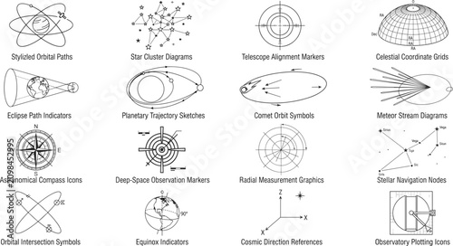 Fotografía Comprehensive astronomy vector icon set featuring orbital paths, celestial co