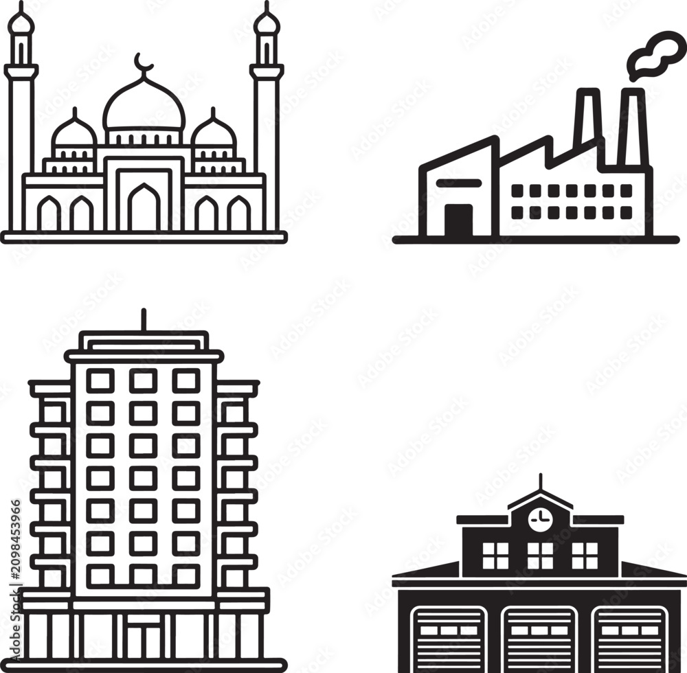 Fototapeta premium Set of building icons including mosque factory skyscraper and fire station in flat vector style