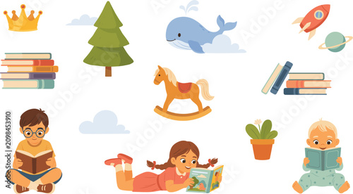 Foto Children Reading Books Vector Set with Cute Kids Toddler Imagination Elements Li