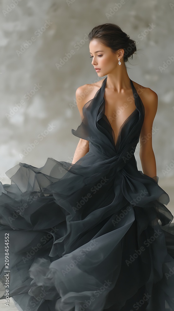 Fototapeta premium Elegant woman in flowing black gown with deep neckline and ruffled details, styled with earrings, posed against textured gray background
