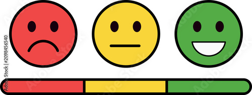 Three colorful emotion faces showing sad, neutral, and happy expressions. Isolated cartoon mood icons for business and education presentations. PNG isolated on transparent background