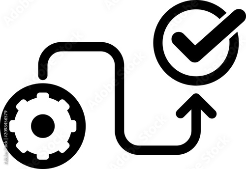 Gear icon connected to checkmark symbol for success. Isolated process completion or approval graphic with mechanical and digital elements. PNG isolated on transparent background
