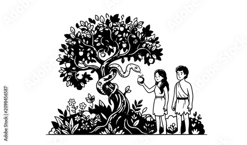 Obraz na plátně Original Sin Story Vector Illustration of Adam Eve and the Serpent in Eden