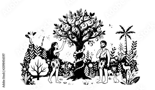 Cuadro en lienzo Biblical Adam and Eve Temptation Scene with Serpent and Forbidden Fruit Vector