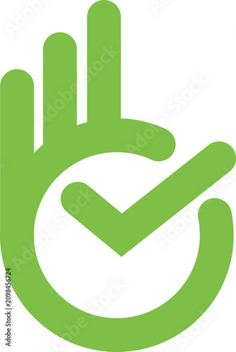 Hand giving thumbs up approval sign. Positive feedback gesture with green checkmark on transparent background. PNG