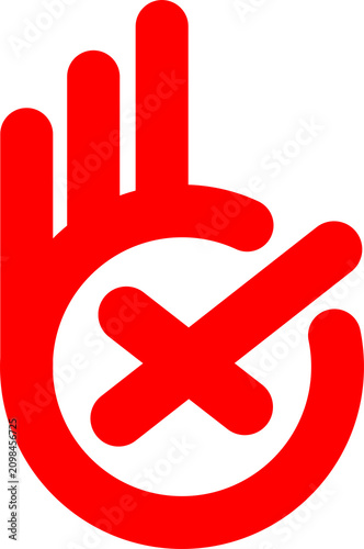 Hand gesture stop sign with red circle and slash. Prohibition symbol isolated on transparent background for universal no access design. PNG