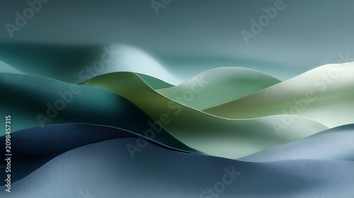 Abstract layered paper art with smooth curved shapes in shades of green blue and grey, minimalistic design and texture, contemporary style
