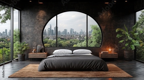 Dark modern bedroom with city view through an arched window. Use for showcasing interior design or urban luxury living themes.