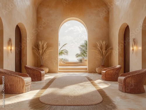 Stylish, sand-toned villa interior with ocean view and wicker furniture, arches. Perfect for illustrating peaceful living, coastal design, or vacation rentals.