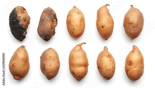 Nine decaying sweet potatoes with black fungal growth. Organic produce spoilage showing soft rot and mold progression.