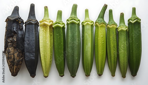 Fresh okra pods arranged in progression from rotten to ripe. Green vegetable stages showcasing decay, mold, and harvest-ready produce for culinary...