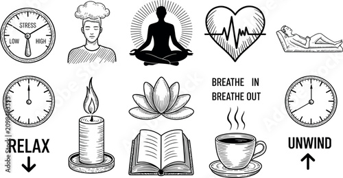Fotografija Set of mental health and stress relief icons featuring yoga meditation relaxatio
