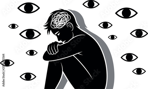 Photos Person sitting in fetal position feeling anxious with messy mind and many watchi