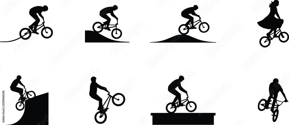 Obraz premium Collection of BMX freestyle cycling silhouettes featuring various stunts, jumps, and tricks for extreme sports design