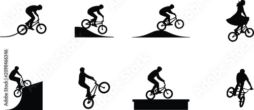 Fotografie Collection of BMX freestyle cycling silhouettes featuring various stunts, jumps,