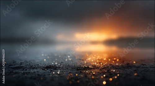 Beautiful sunset over rugged coastline with warm glow reflecting on wet sand and distant ocean waves at dusk