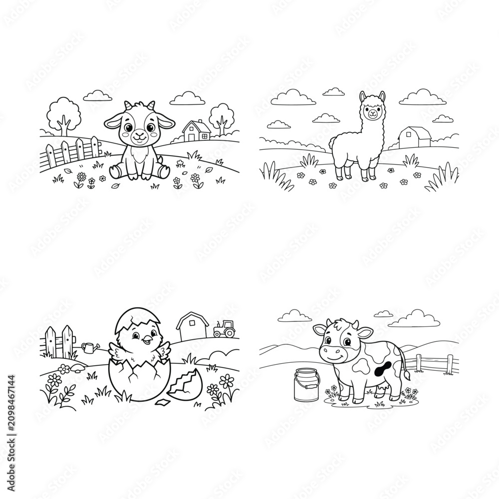 Fototapeta premium Cute cartoon farm animals in countryside setting