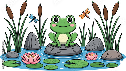 Принти на полотні Cute frog pond vector element set with flat cartoon water lily lily pad cattail