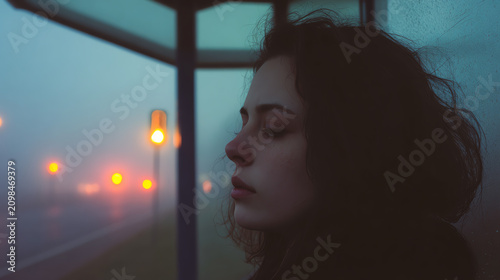 A contemplative moment captured in fog, highlighting introspection and emotion in a tranquil urban setting.