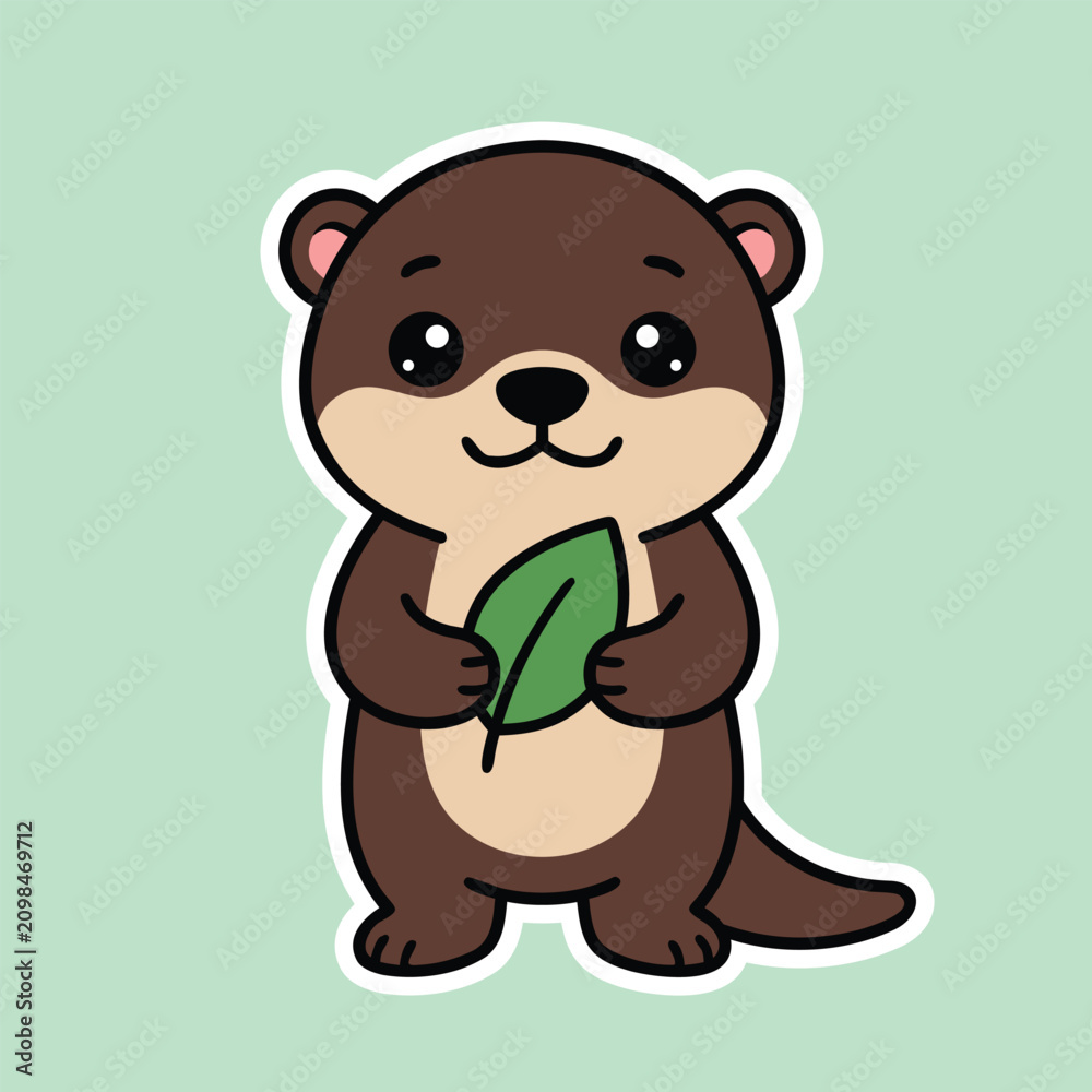 Obraz premium Cute cartoon otter holding a green leaf kawaii animal sticker illustration