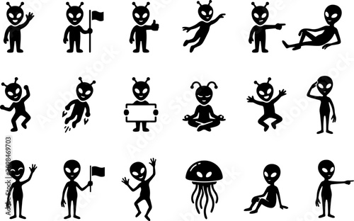 Cuadro en lienzo Collection of extraterrestrial alien silhouettes in multiple poses with silhouet