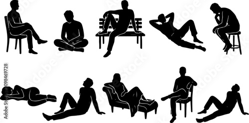 Photos Silhouettes of people sitting and resting in various relaxed poses with silhouet