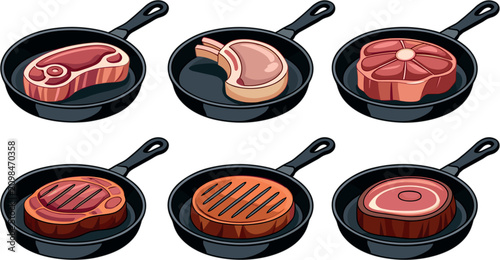Tableau sur toile Raw beef steak vector set with flat design butcher pork chop ribeye and burger p