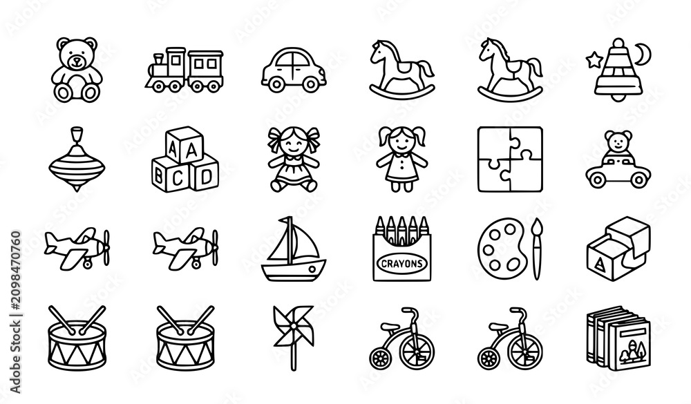 Fototapeta premium Editable children toys vector icon bundle with playtime outline symbols