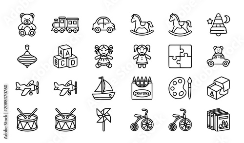 Konstfotografi Editable children toys vector icon bundle with playtime outline symbols