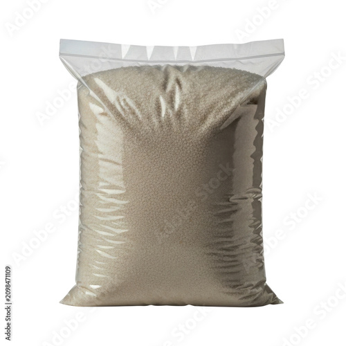 Clear plastic bag filled with dry sand for construction isolated on transparent background