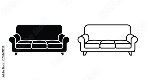 Foto Two sofa silhouettes a solid black form and a black outline on a white backgroun