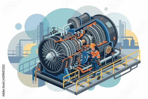 Industrial Engineer Inspecting Large Gas Turbine Engine Vector