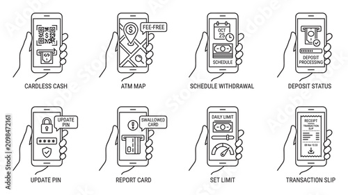 Banking app interface on smartphone displaying cardless cash and deposit services.
