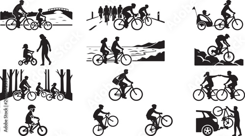 Bild auf Leinwand Collection of black silhouette depicting various cycling activities, including f
