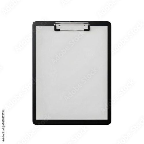Empty black plastic clipboard with a metal clip isolated on transparent background