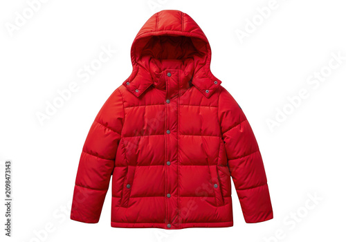 Bright red winter puffer jacket with hood isolated on transparent background