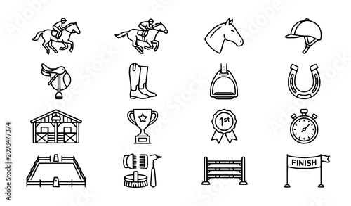 Bild auf Leinwand Horse riding and equestrian outline icon collection vector illustration