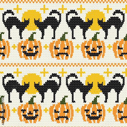 Seamless knitted Halloween vector pattern with spooky cats and pumpkin jack-o-lanterns. Cozy sweater ornament with festive fair isle knitting stitch design for autumn holiday apparel and fabric print