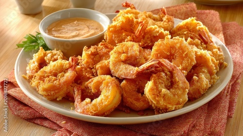 63.Heaping platter of fried shrimp with crunchy coating, contrasting with smooth dipping sauce nearby, textured napkin beneath plate, soft shadows, inviting presentation emphasizing crispness and