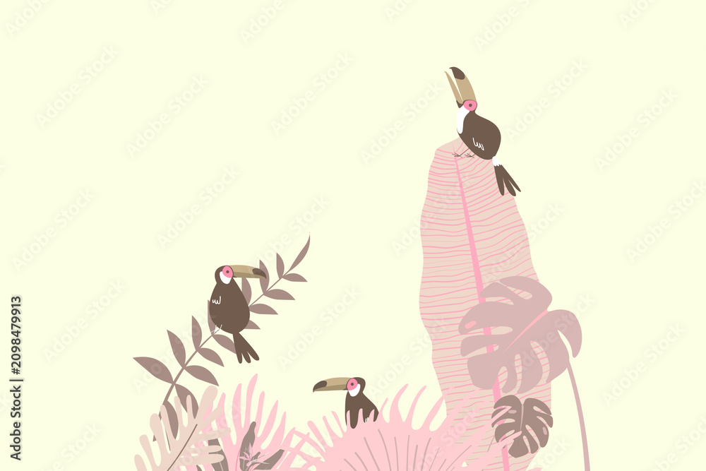 Fototapeta premium Pink tropical toucan bird border, cream design