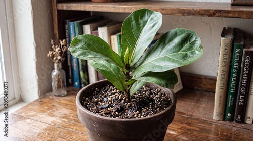 Small Fiddle Leaf Fig Plant Potted in Terracotta Container on a Rustic Wooden Bookshelf Desk