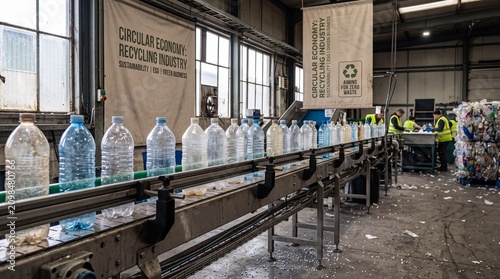 Plastic bottles moving on a conveyor belt in an industrial recycling plant for circular economy waste management