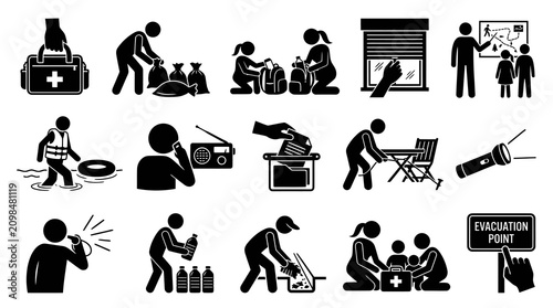 Black  White Glyph Pictogram Icons: Emergency Disaster Preparedness, Survival, and Safety Activities Set