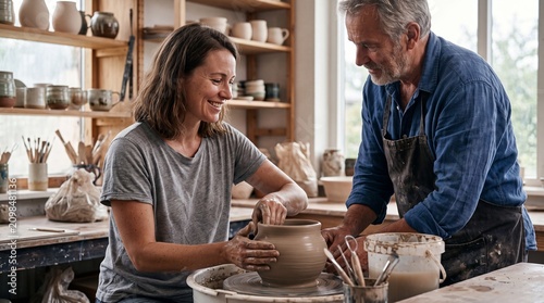 Smiling mature woman working on a pottery wheel with a professional male ceramicist instructor in a bright sunlit studio workshop