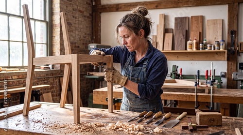 Dedicated artisan meticulously shaping wood into elegant furniture in a sunlit workshop, showcasing traditional craftsmanship and profound passion for creation