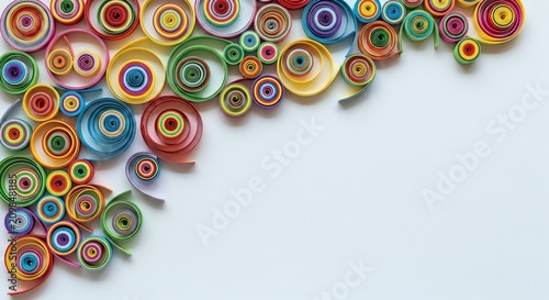 Colorful rolled paper swirls on a clean white background