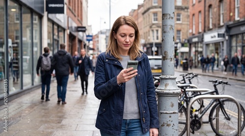 Young professional woman checking her smartphone while walking along a busy metropolitan street with shops and urban commuters in the background