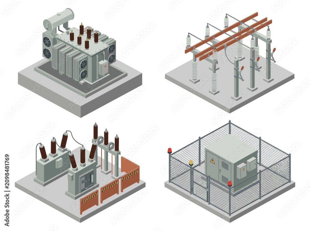 Obraz premium Isometric Electrical Substation and Power Grid Infrastructure Set